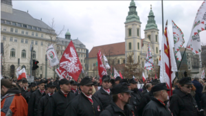 Jobbik members demonstrating together with far-right Polish allies. Source: Budapest Sentinel.