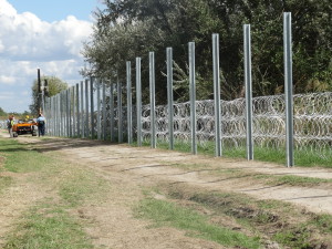 Gardul de sarma cu lame construit la granita cu Serbia. E un gard dublu de aproape 4 metri inaltime. Sarmele sunt cu lame, ca sa nu se poata prinde cineva de ele. 